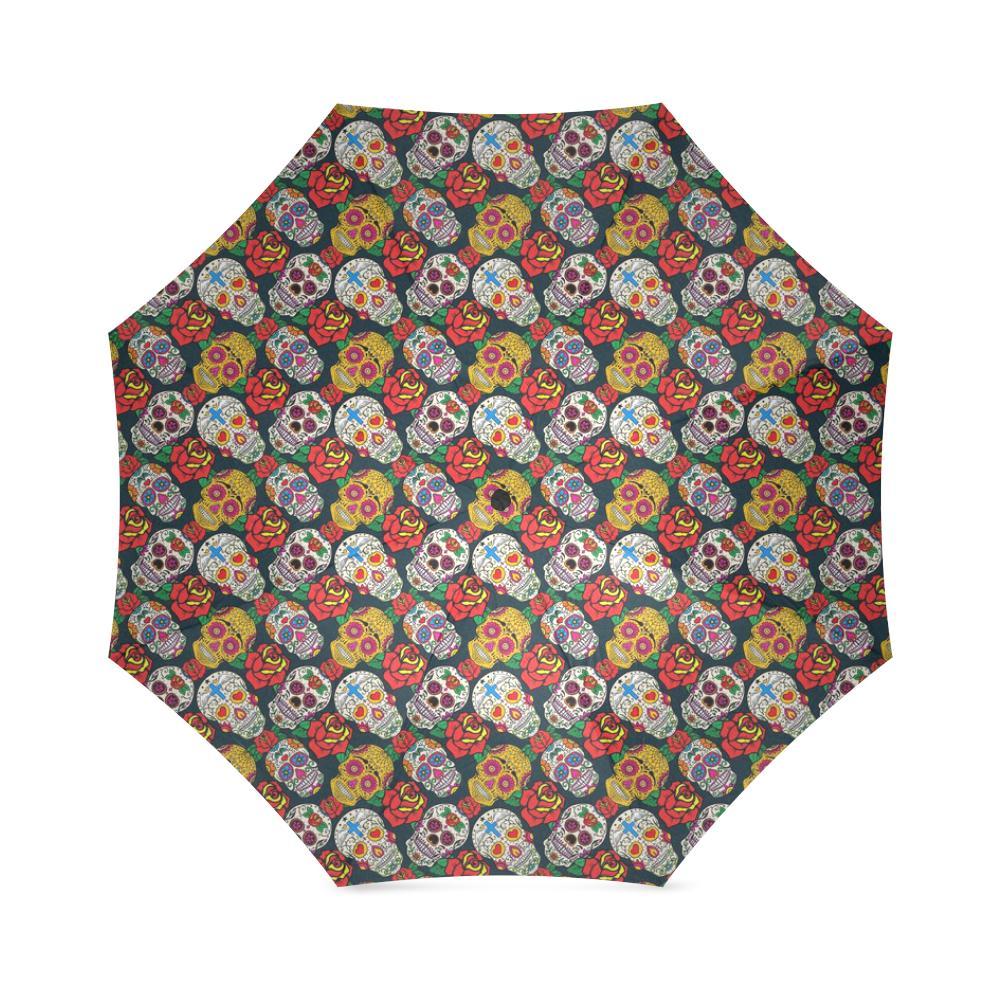 Rose Sugar Skull Skeleton Girly Floral Pattern Print Foldable Umbrella-grizzshop
