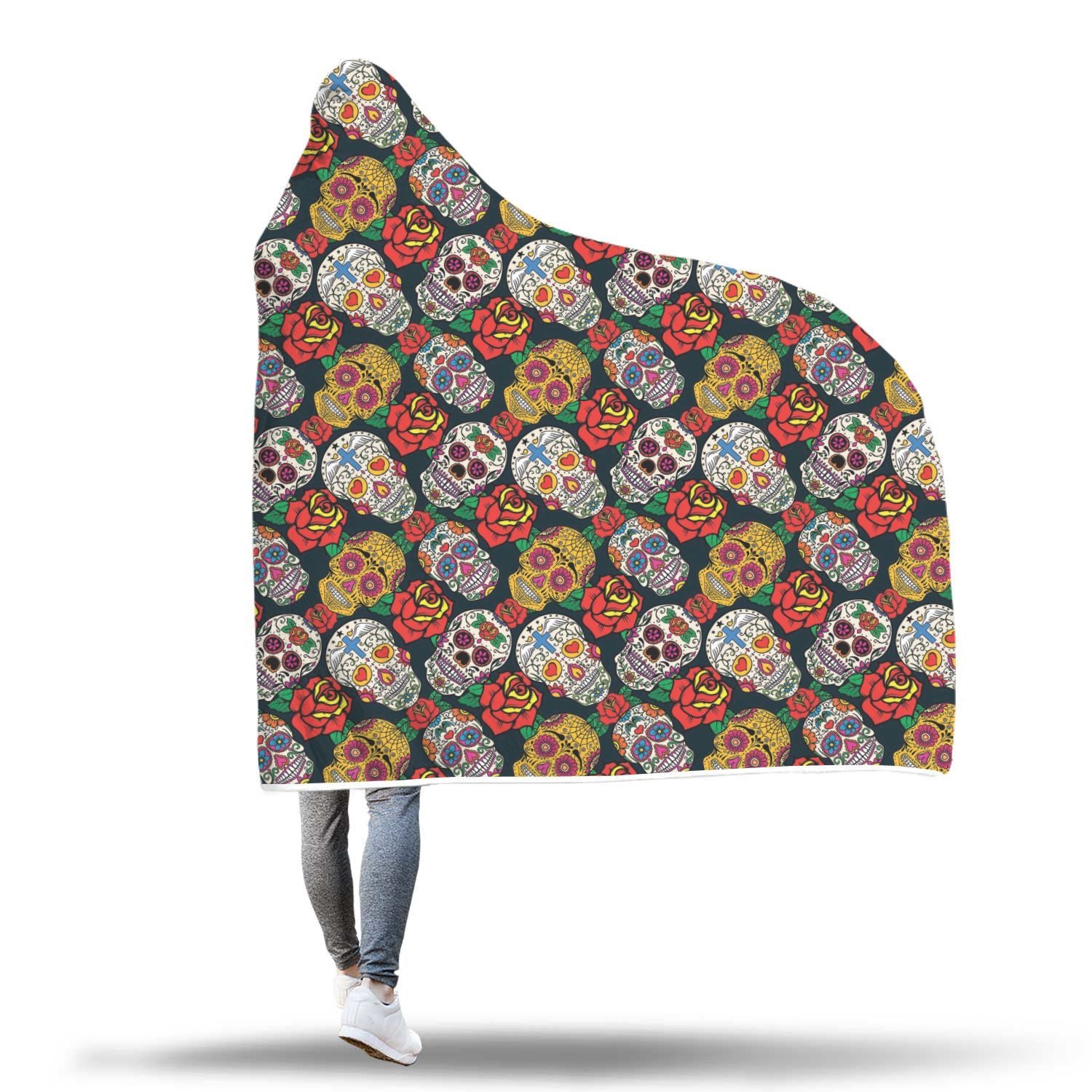 Rose Sugar Skull Skeleton Girly Floral Pattern Print Hooded Blanket-grizzshop