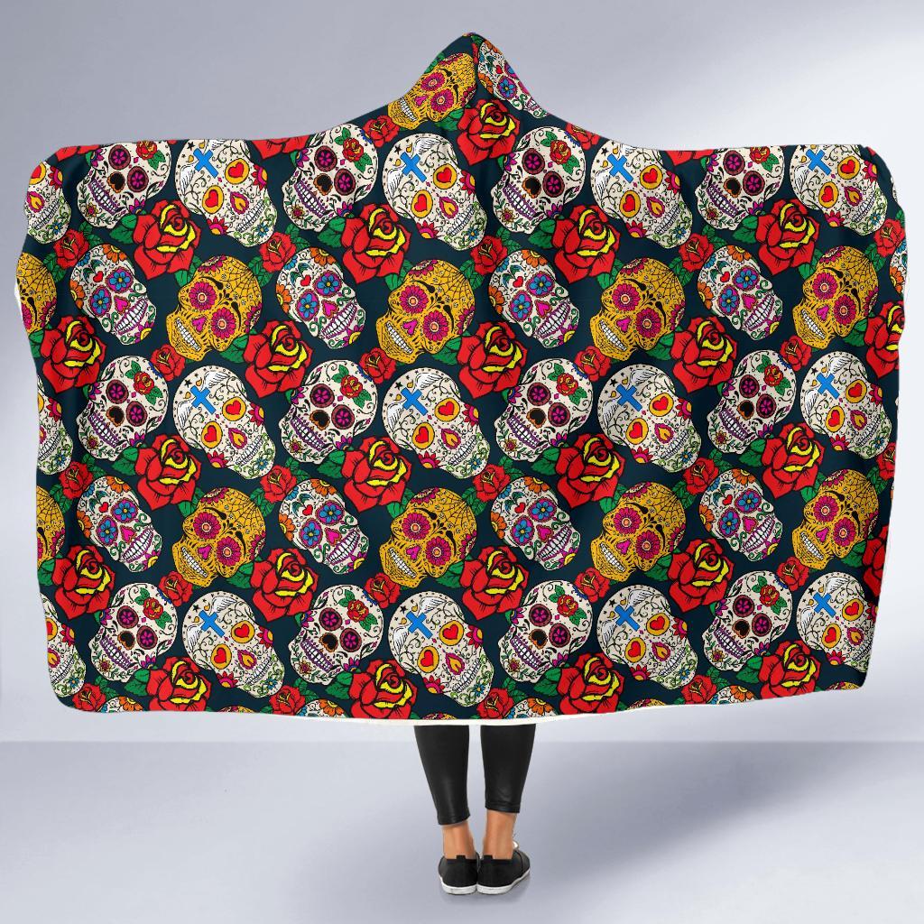 Rose Sugar Skull Skeleton Girly Floral Pattern Print Hooded Blanket-grizzshop