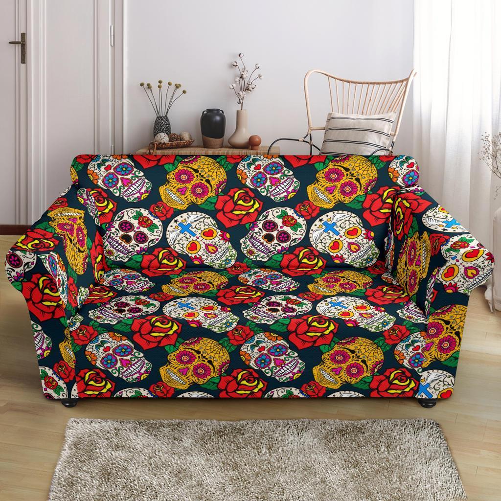 Rose Sugar Skull Skeleton Girly Floral Pattern Print Loveseat Cover-grizzshop