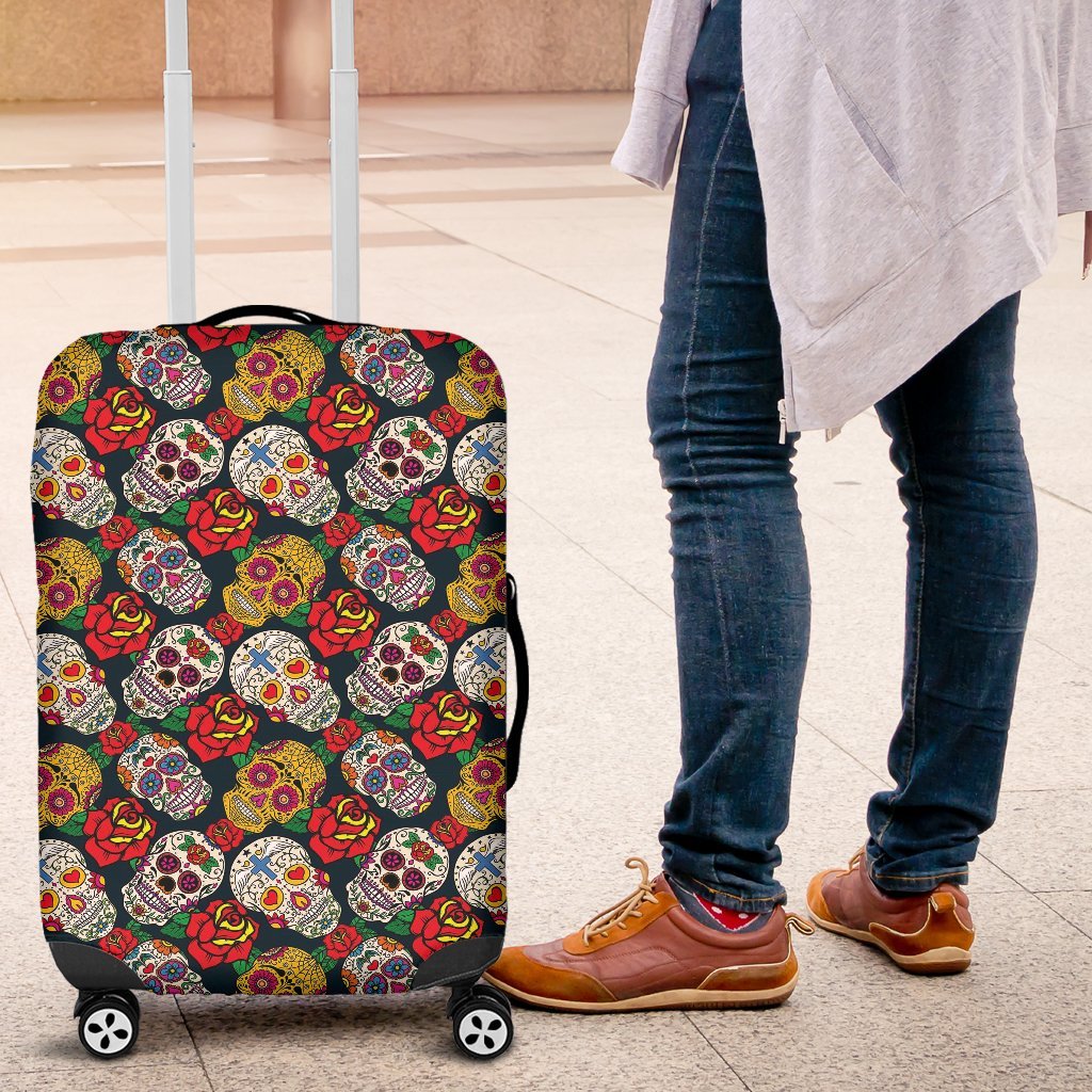 Rose Sugar Skull Skeleton Girly Floral Pattern Print Luggage Cover Protector-grizzshop