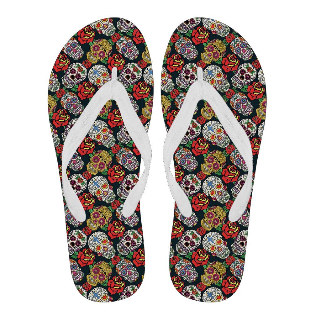 Rose Sugar Skull Skeleton Girly Floral Pattern Print Men & Women Flip Flops-grizzshop