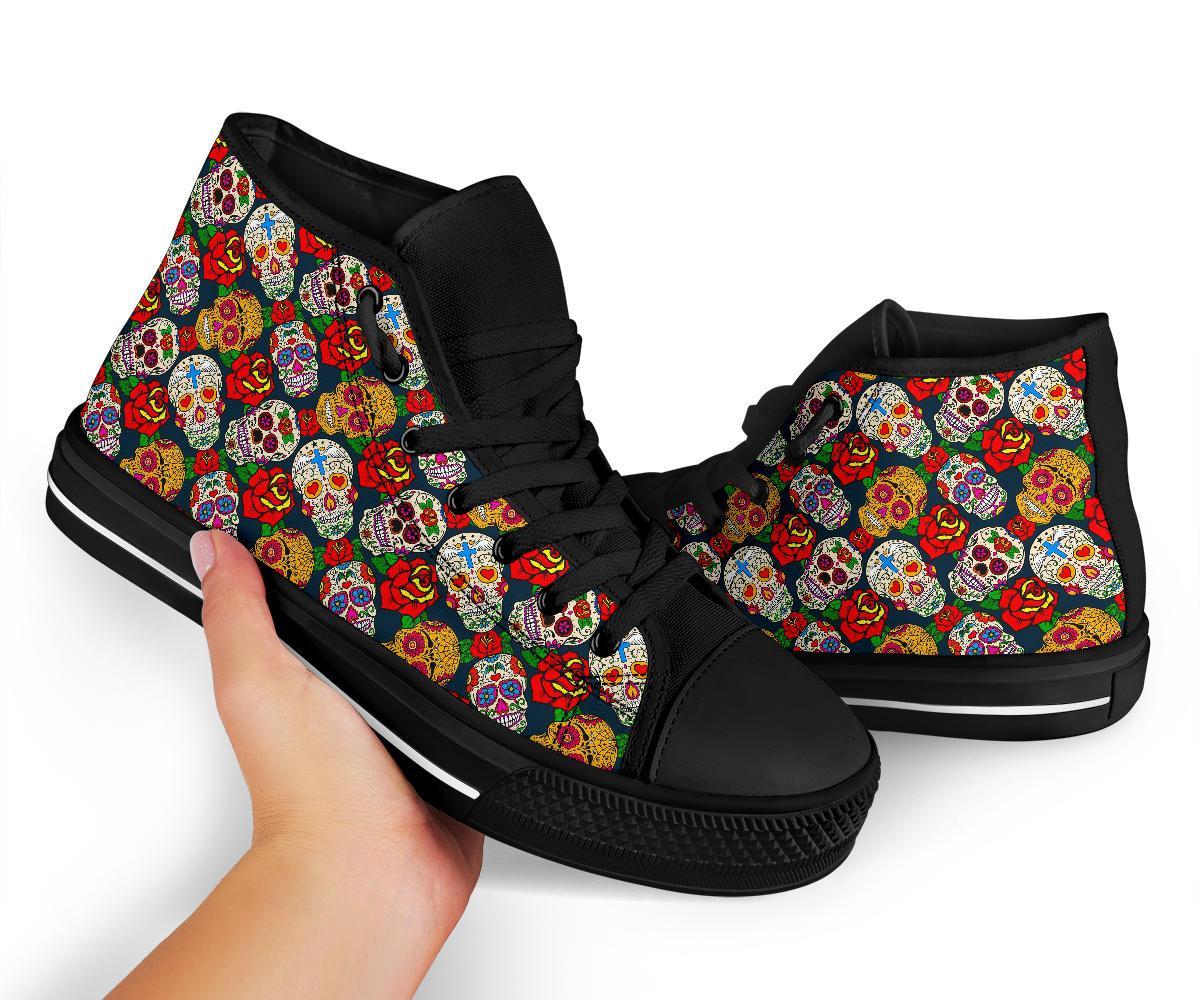 Rose Sugar Skull Skeleton Girly Floral Pattern Print Men Women's High Top Shoes-grizzshop