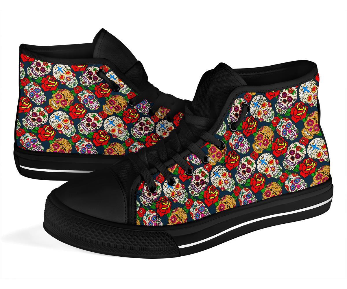 Rose Sugar Skull Skeleton Girly Floral Pattern Print Men Women's High Top Shoes-grizzshop