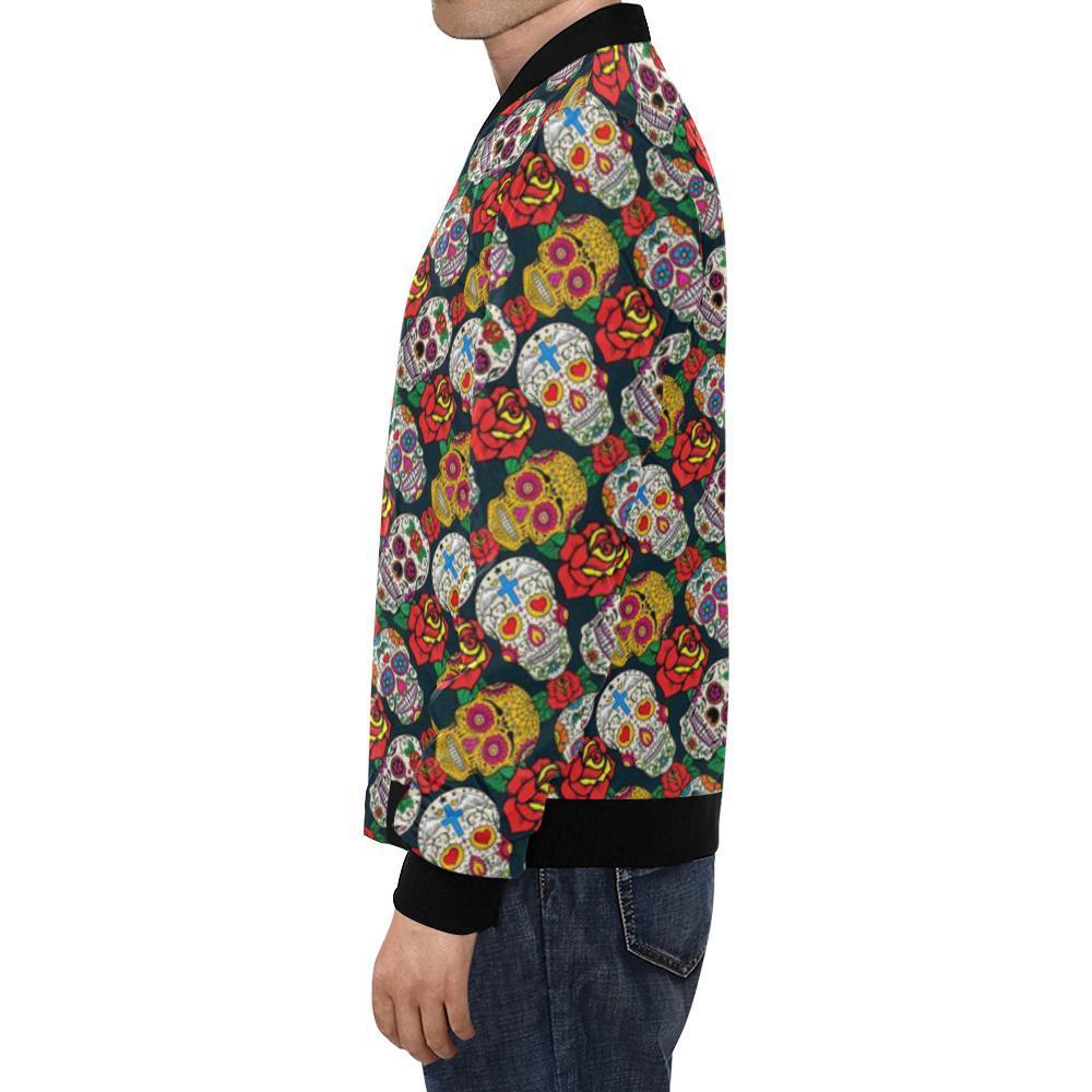 Rose Sugar Skull Skeleton Girly Floral Pattern Print Men's Bomber Jacket-grizzshop