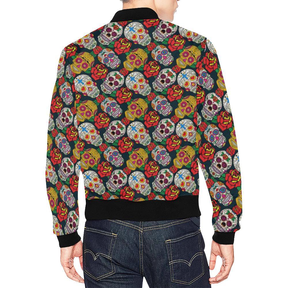 Rose Sugar Skull Skeleton Girly Floral Pattern Print Men's Bomber Jacket-grizzshop