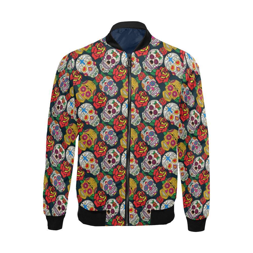 Rose Sugar Skull Skeleton Girly Floral Pattern Print Men's Bomber Jacket-grizzshop