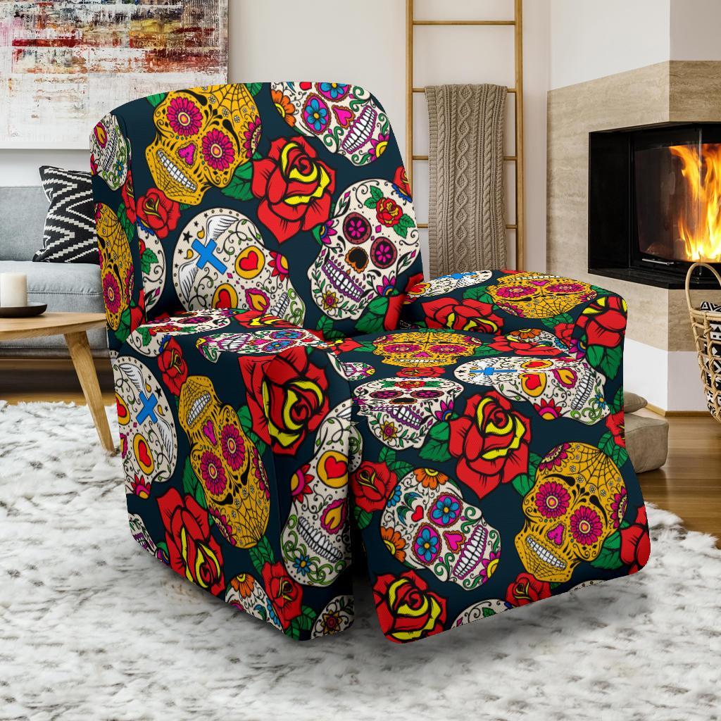 Rose Sugar Skull Skeleton Girly Floral Pattern Print Recliner Cover-grizzshop