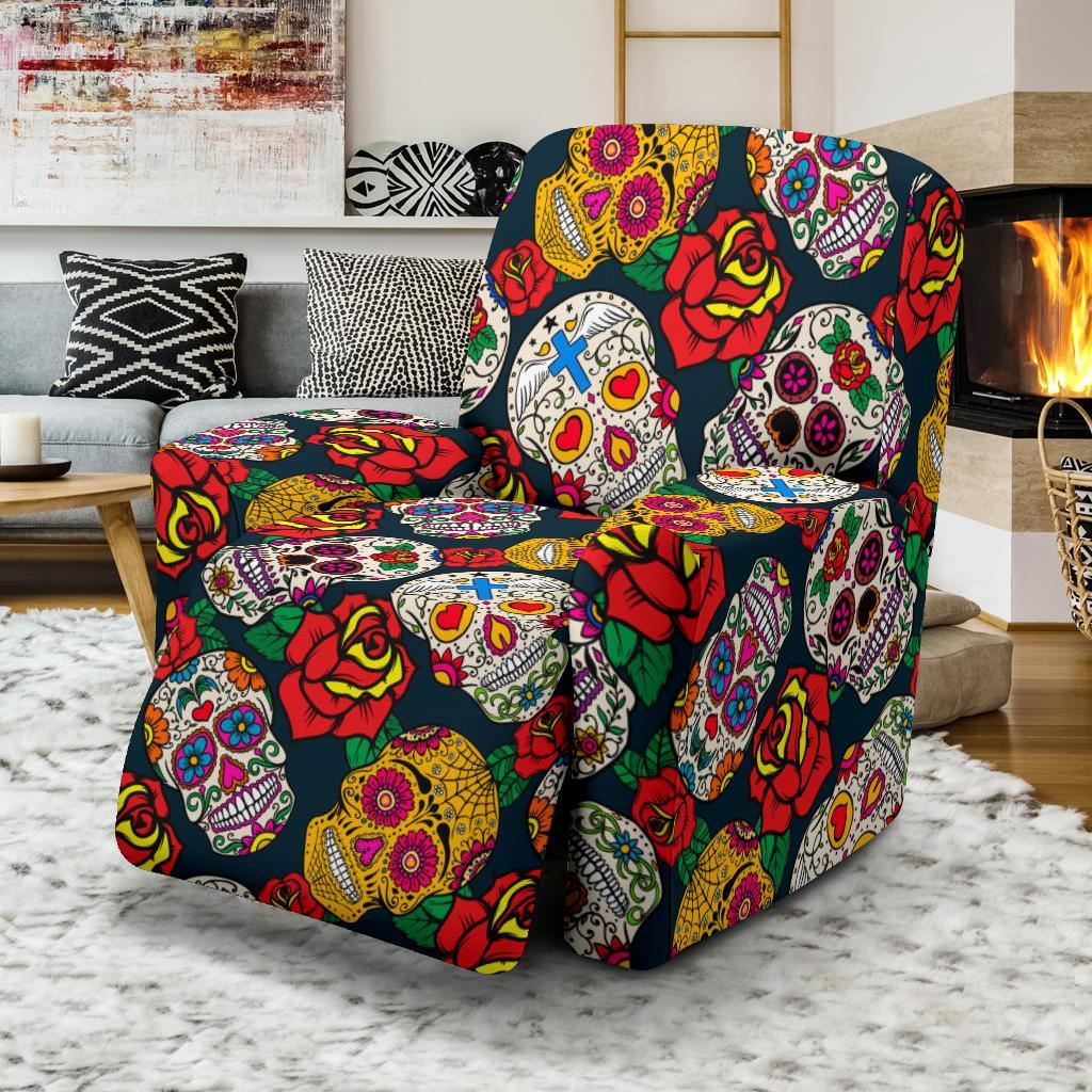 Rose Sugar Skull Skeleton Girly Floral Pattern Print Recliner Cover-grizzshop