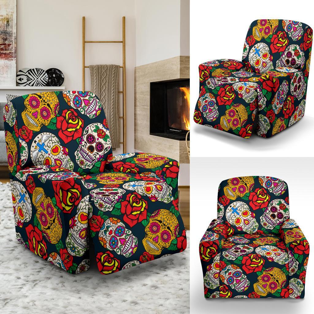 Rose Sugar Skull Skeleton Girly Floral Pattern Print Recliner Cover-grizzshop