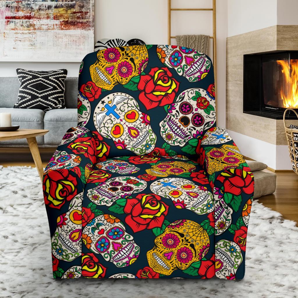 Rose Sugar Skull Skeleton Girly Floral Pattern Print Recliner Cover-grizzshop