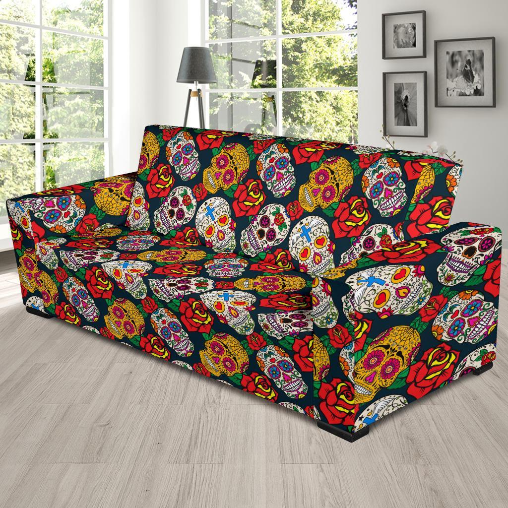 Rose Sugar Skull Skeleton Girly Floral Pattern Print Sofa Covers-grizzshop