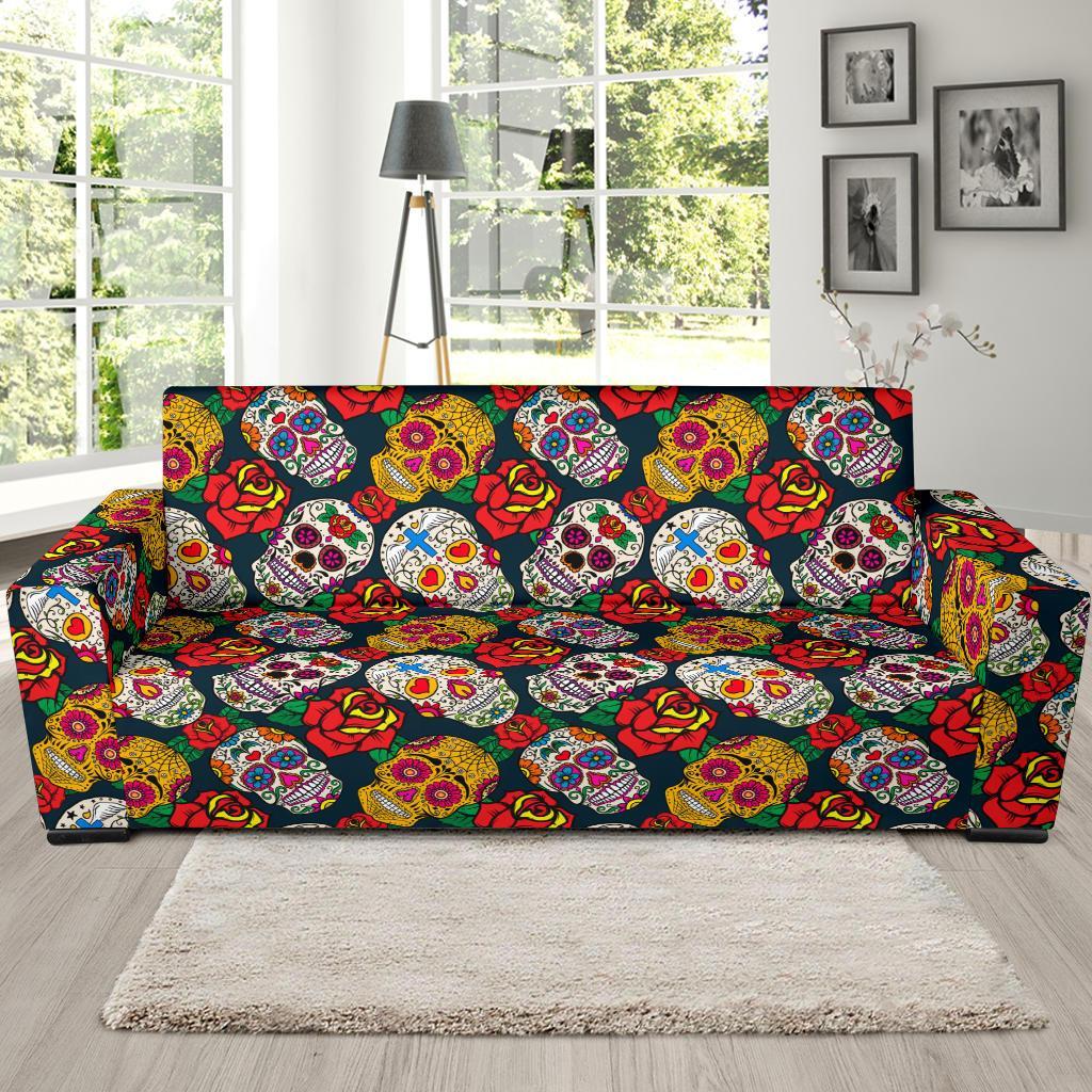 Rose Sugar Skull Skeleton Girly Floral Pattern Print Sofa Covers-grizzshop