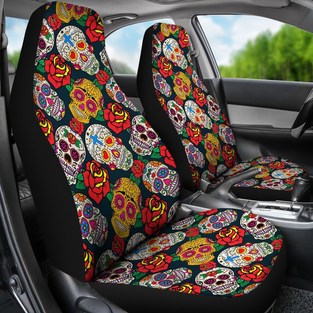 Rose Sugar Skull Skeleton Girly Floral Pattern Print Universal Fit Car Seat Cover-grizzshop