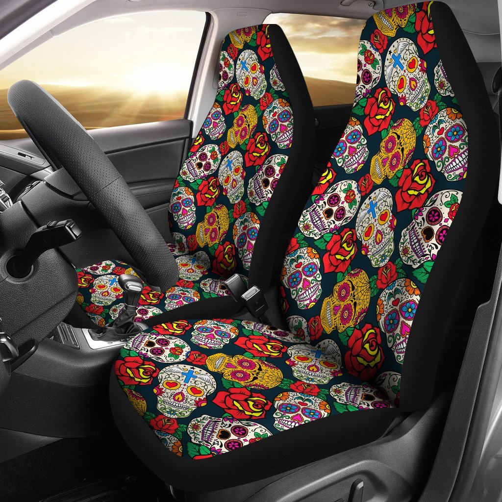 Rose Sugar Skull Skeleton Girly Floral Pattern Print Universal Fit Car Seat Cover-grizzshop