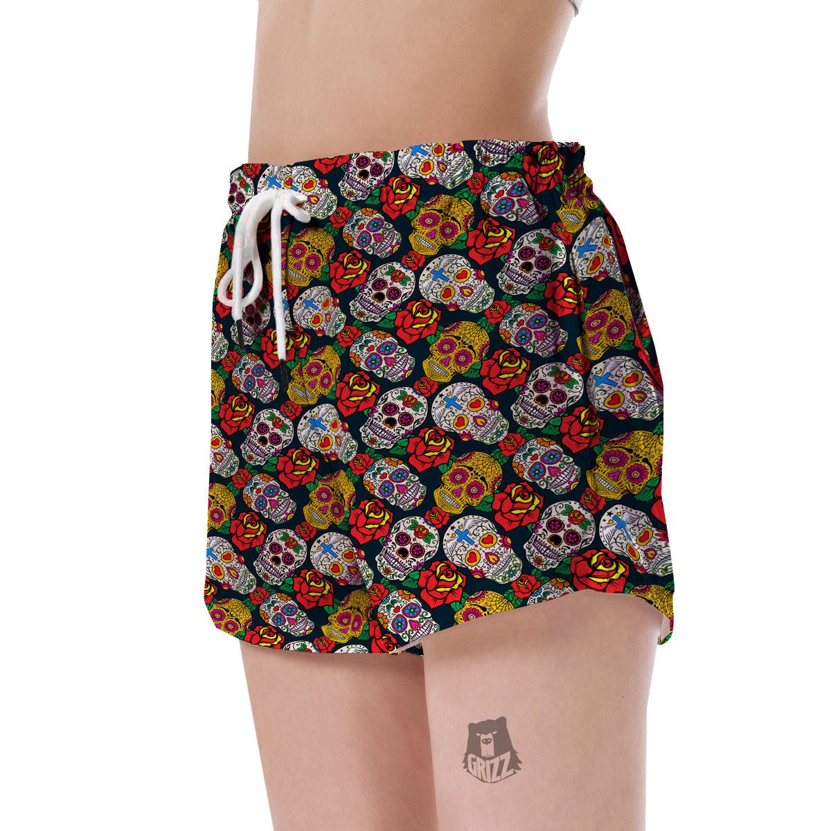 Rose Sugar Skull Skeleton Girly Floral Pattern Print Women's Shorts-grizzshop