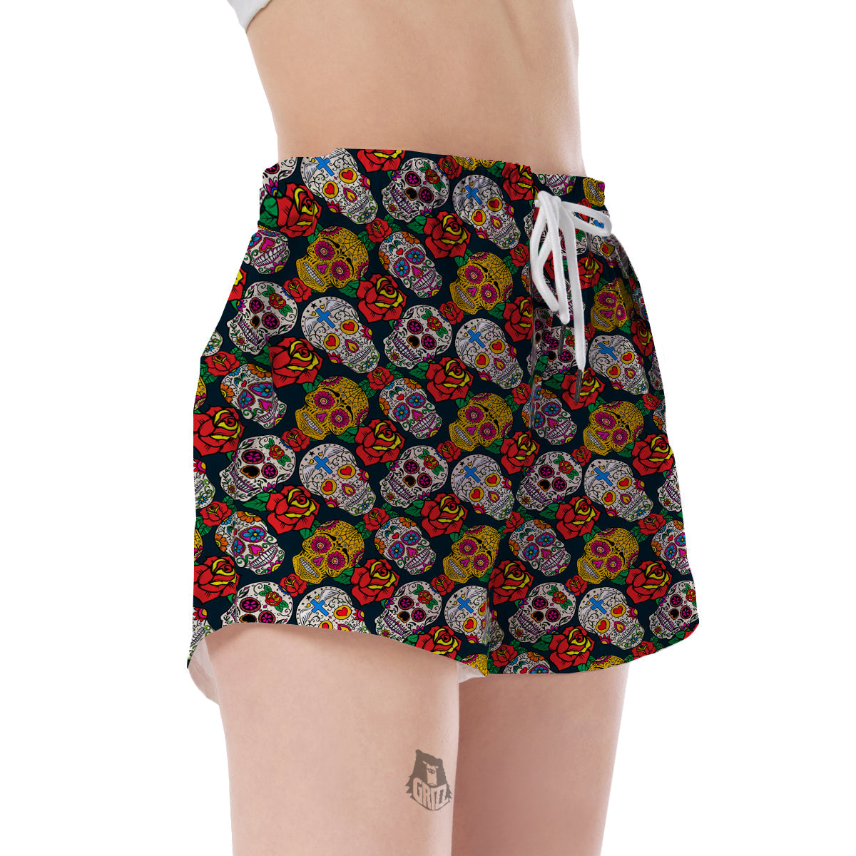 Rose Sugar Skull Skeleton Girly Floral Pattern Print Women's Shorts-grizzshop