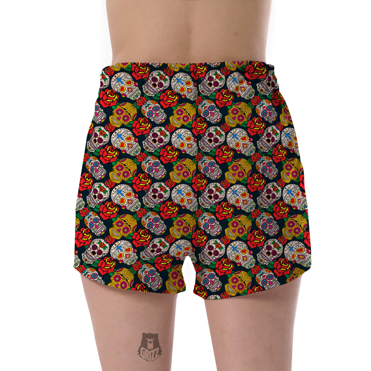 Rose Sugar Skull Skeleton Girly Floral Pattern Print Women's Shorts-grizzshop