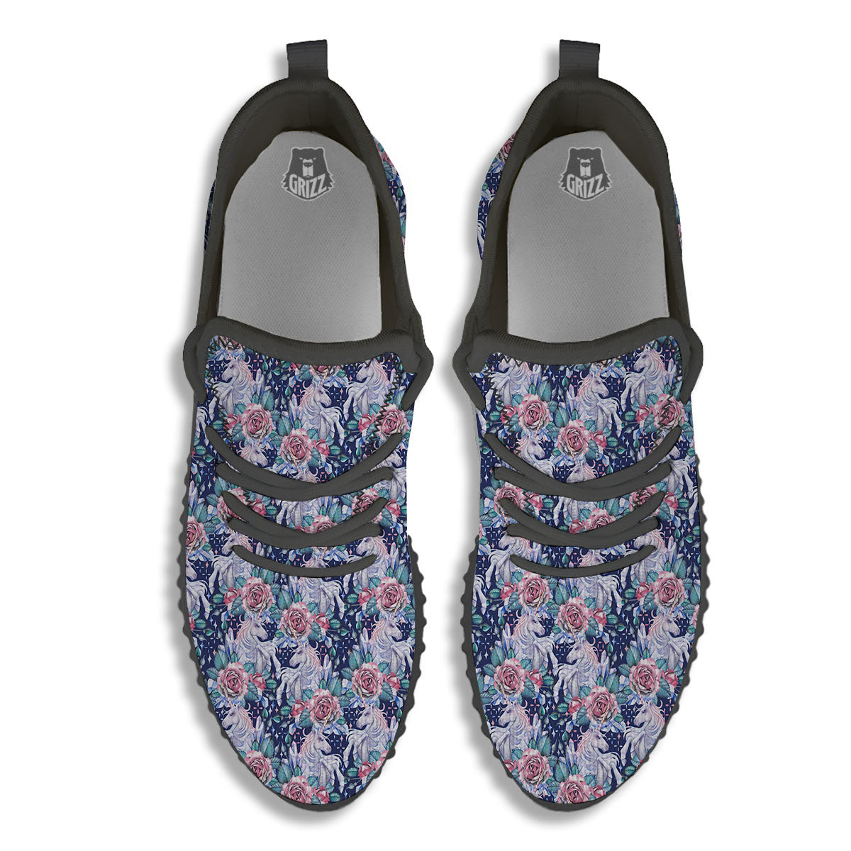 Rose Unicorn Blue Fairy Print Pattern Black Walking Shoes-grizzshop