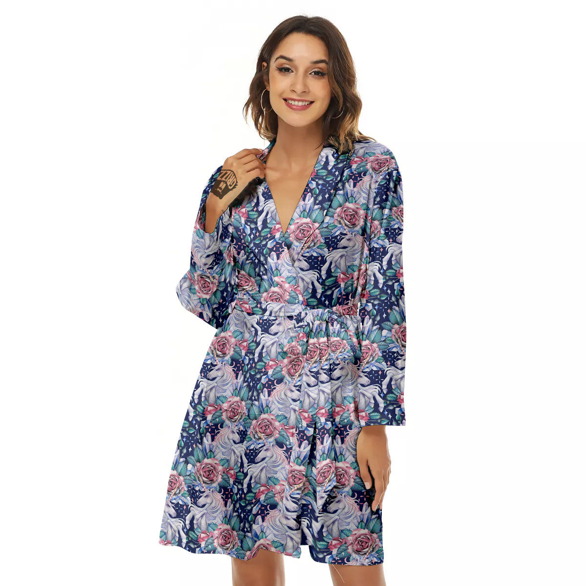 Rose Unicorn Blue Fairy Print Pattern Women's Robe-grizzshop