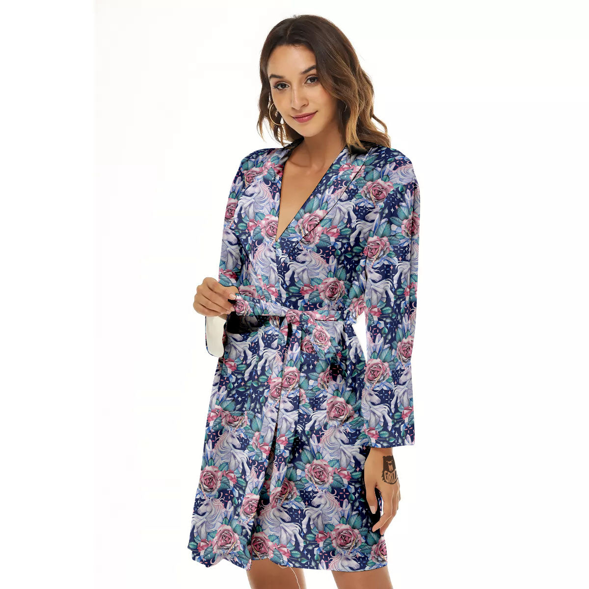 Rose Unicorn Blue Fairy Print Pattern Women's Robe-grizzshop