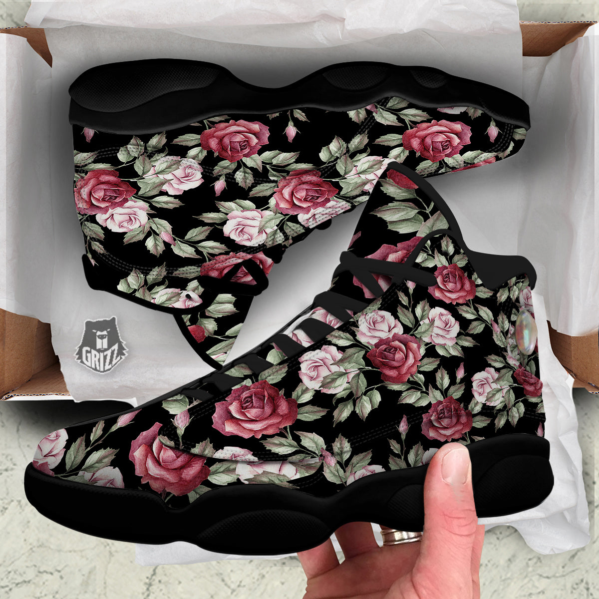 Rose Valentine's Day Print Pattern Black Basketball Shoes-grizzshop