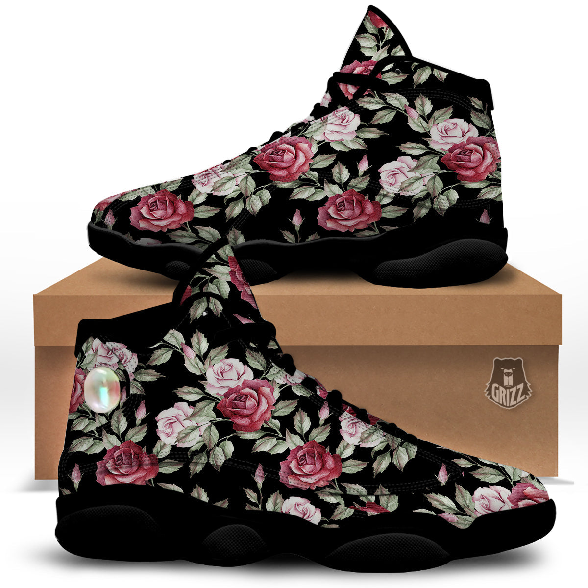 Rose Valentine's Day Print Pattern Black Basketball Shoes-grizzshop