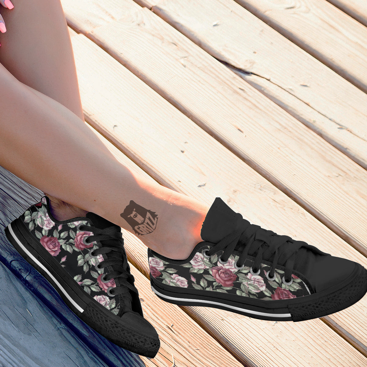 Rose Valentine's Day Print Pattern Black Low Top Shoes-grizzshop