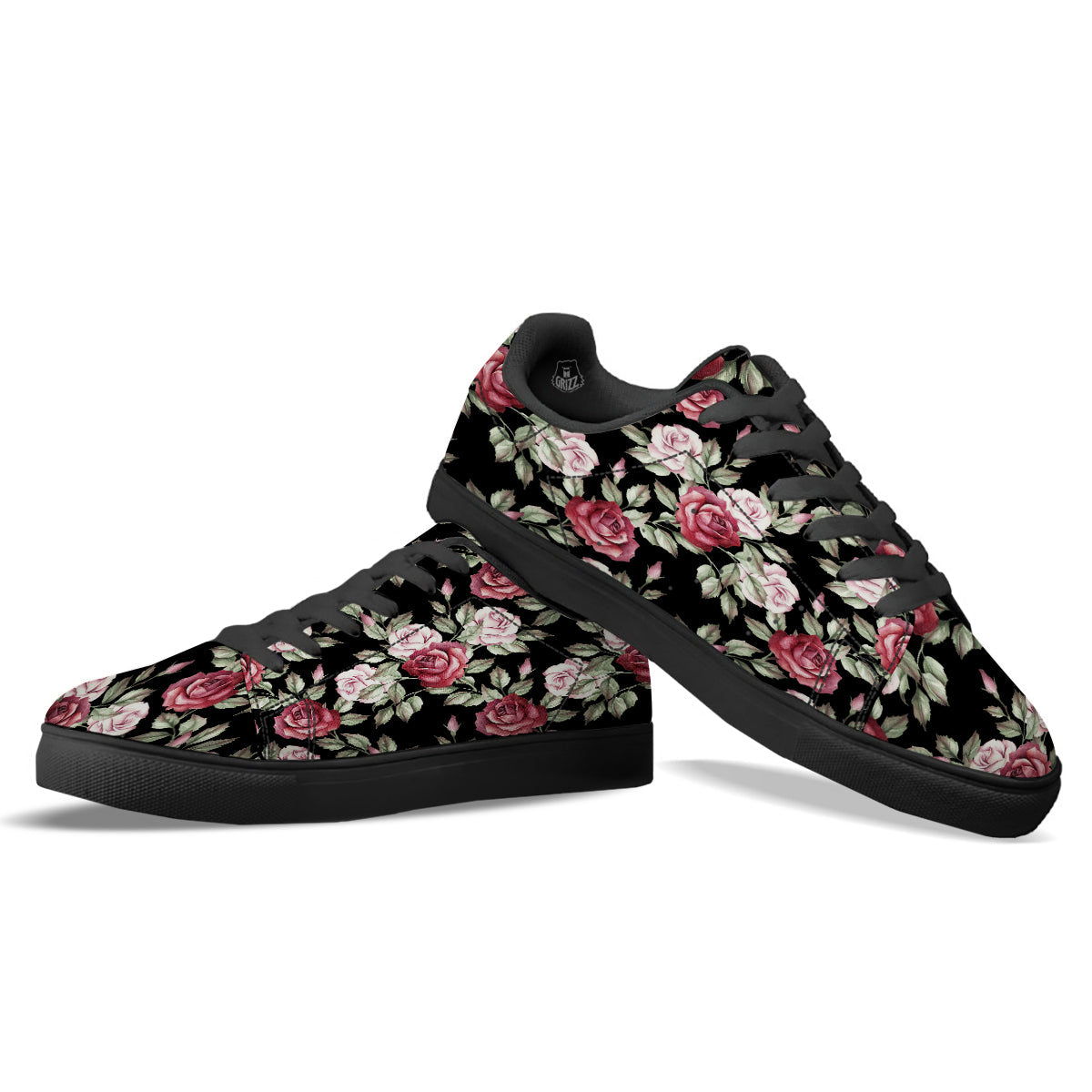 Rose Valentine's Day Print Pattern Black Low Top Sneakers-grizzshop