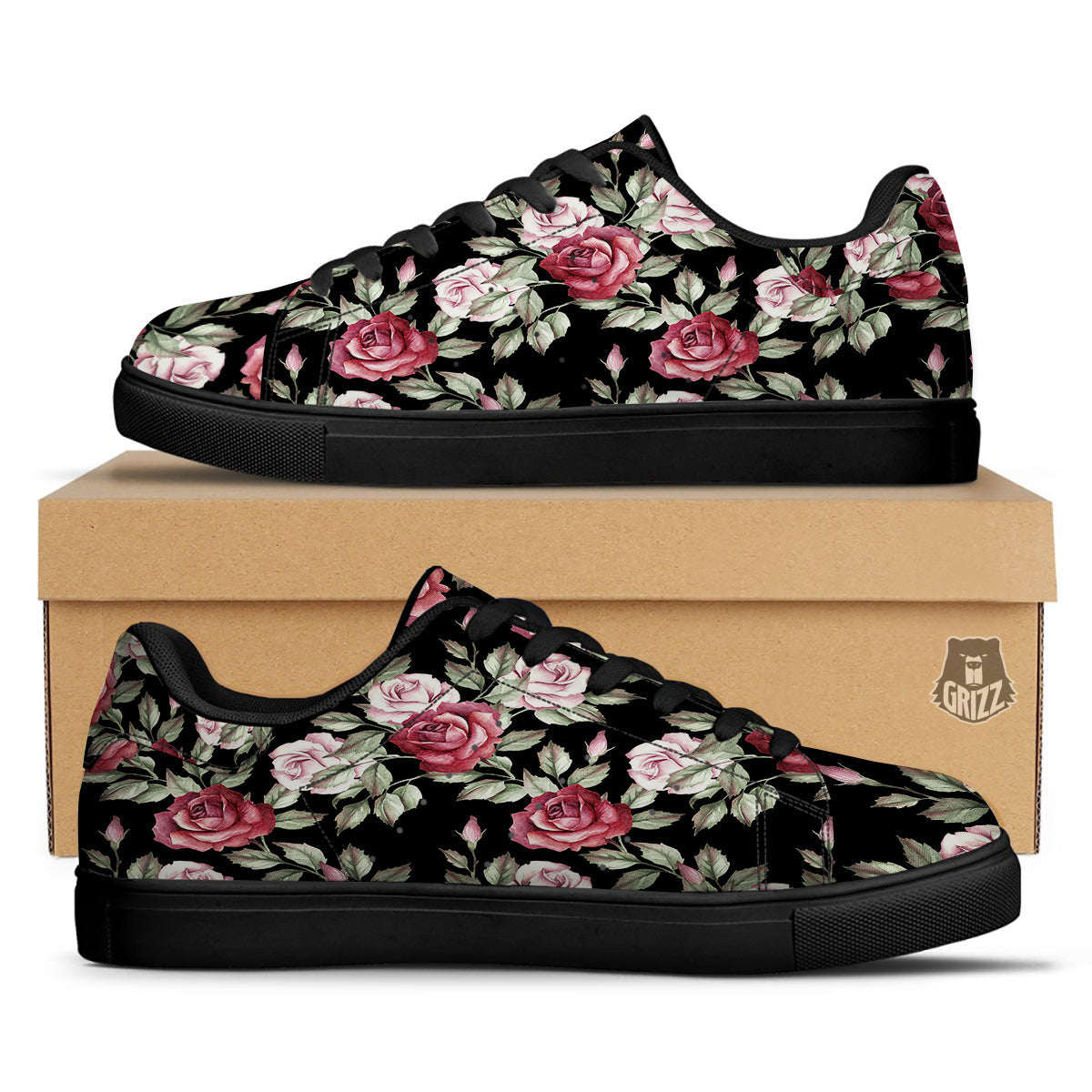 Rose Valentine's Day Print Pattern Black Low Top Sneakers-grizzshop