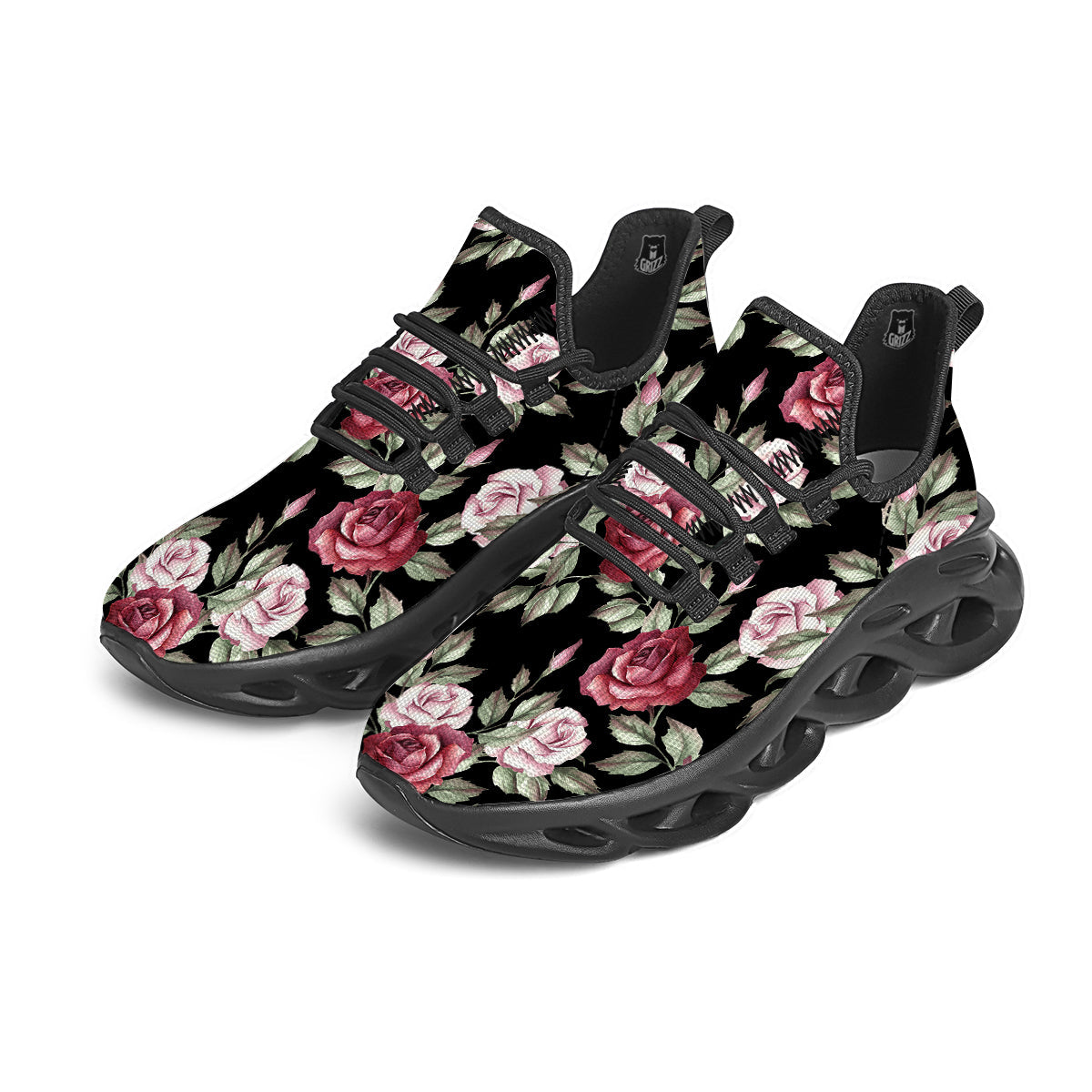 Rose Valentine's Day Print Pattern Black Running Shoes-grizzshop