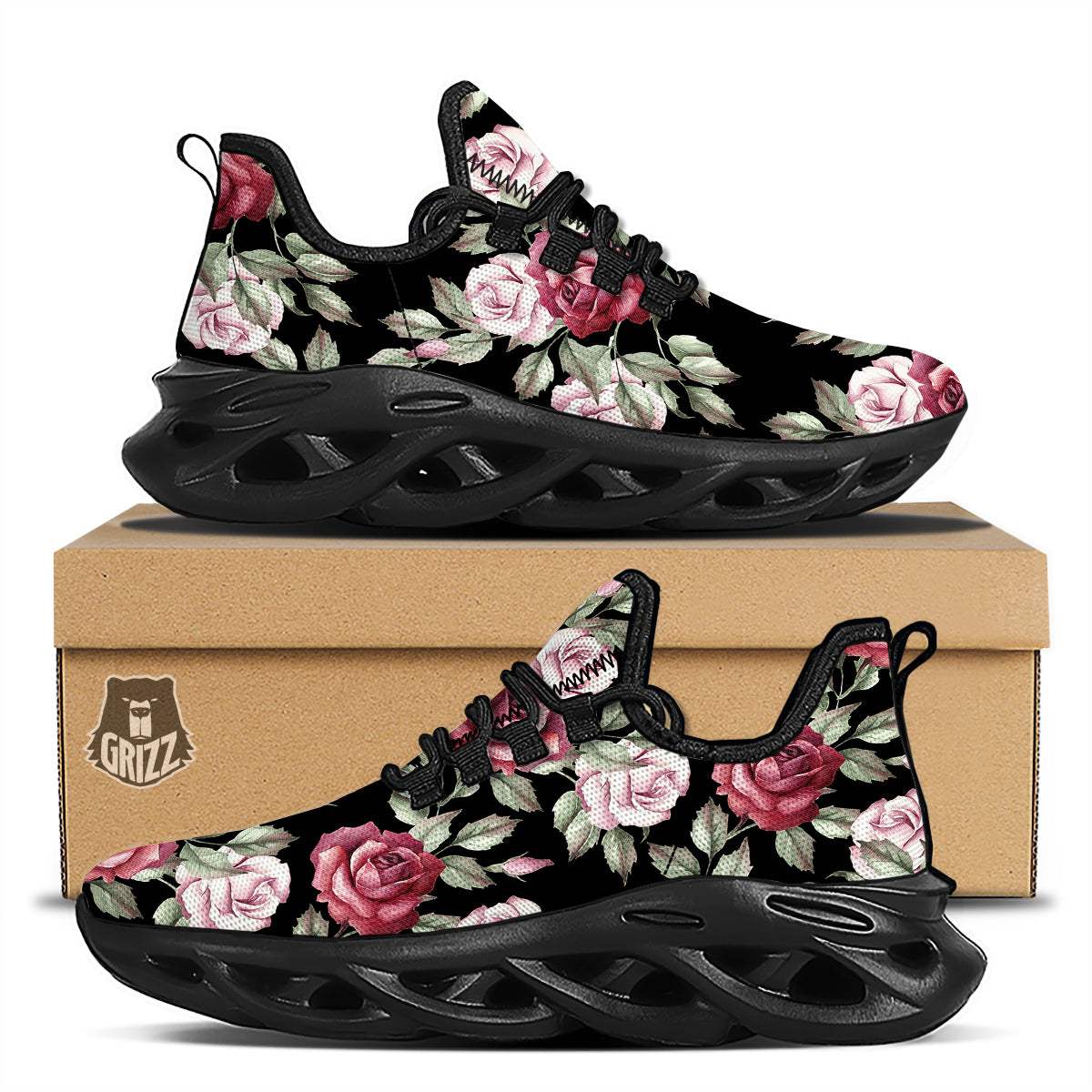 Rose Valentine's Day Print Pattern Black Running Shoes-grizzshop