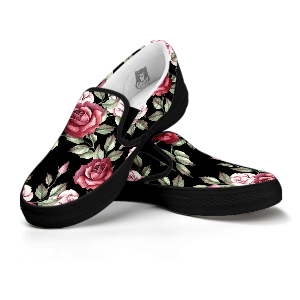 Rose Valentine's Day Print Pattern Black Slip On Shoes-grizzshop