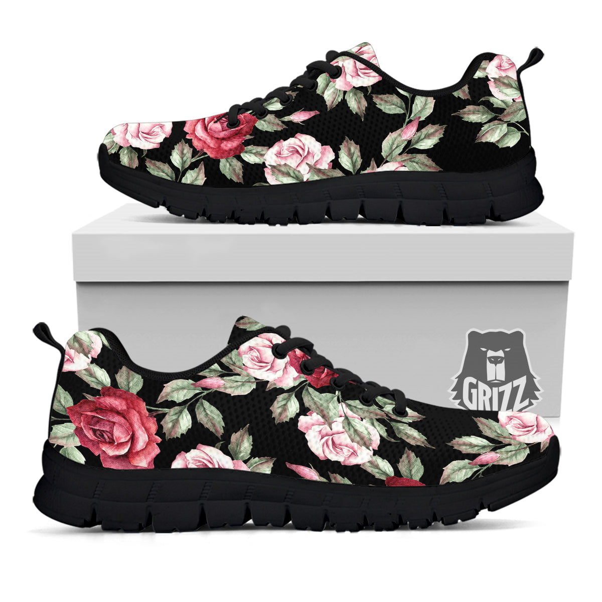 Rose Valentine's Day Print Pattern Black Sneaker-grizzshop