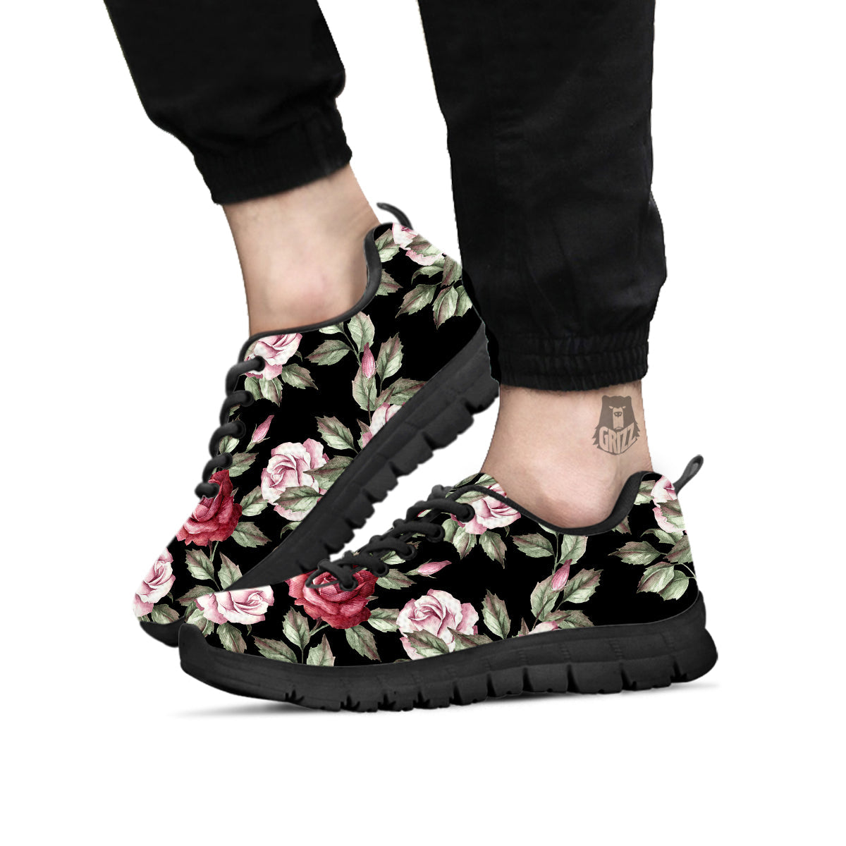 Rose Valentine's Day Print Pattern Black Sneaker-grizzshop