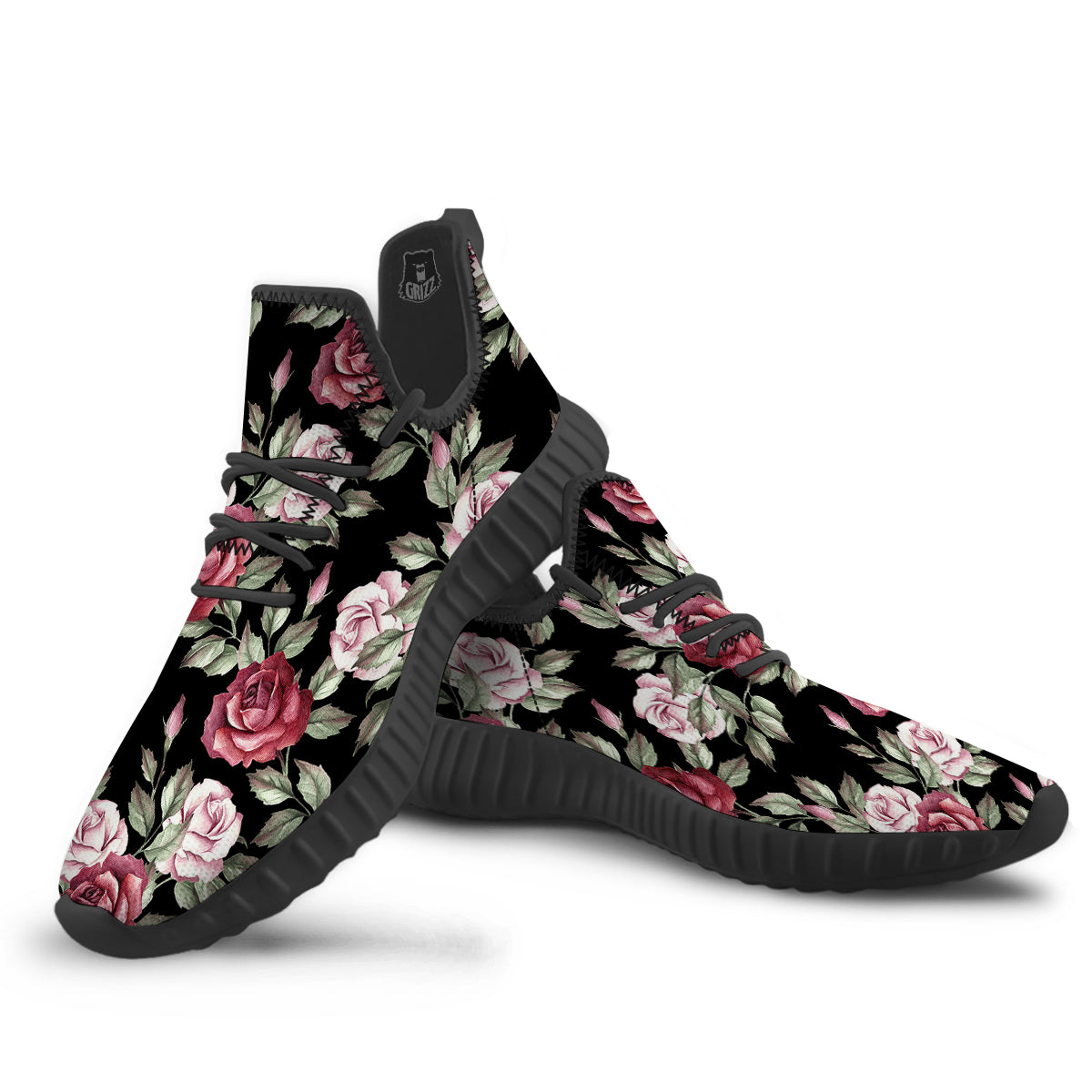 Rose Valentine's Day Print Pattern Black Walking Shoes-grizzshop