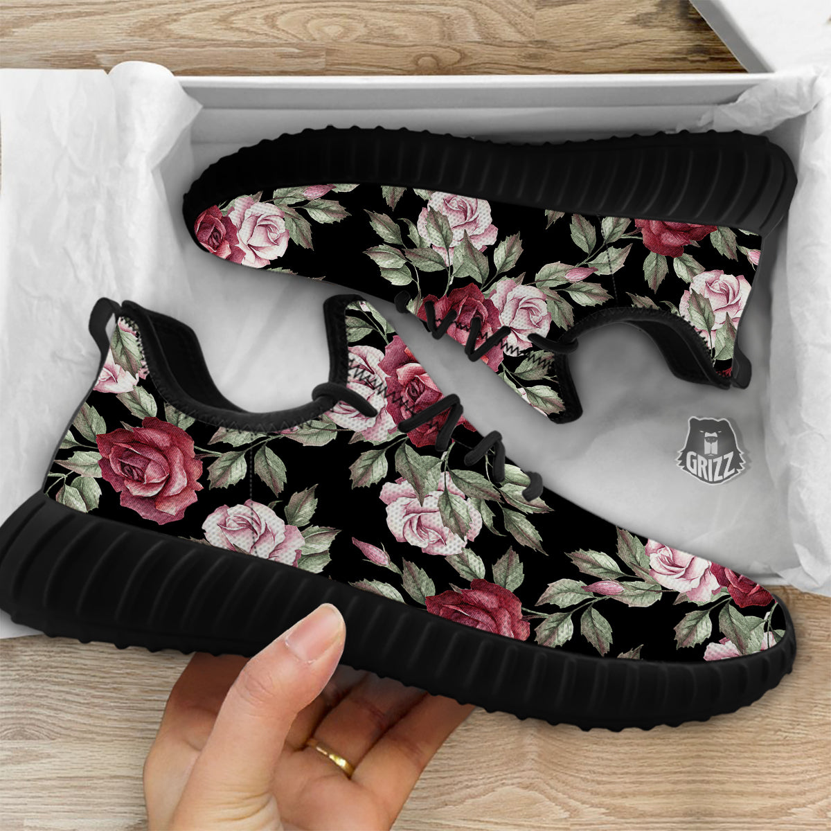 Rose Valentine's Day Print Pattern Black Walking Shoes-grizzshop