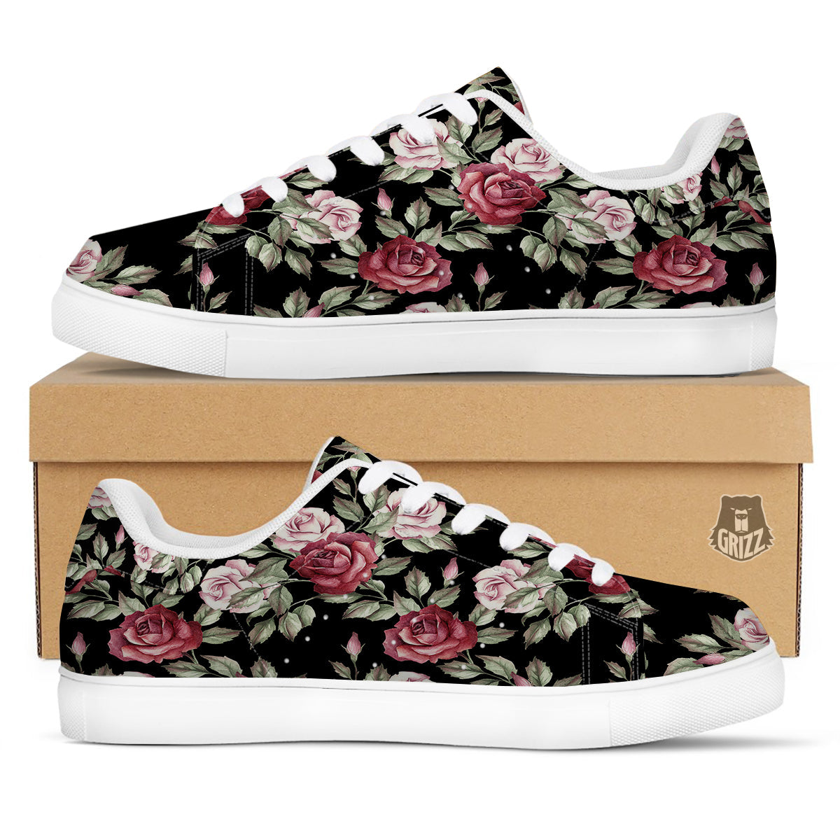 Rose Valentine's Day Print Pattern White Low Top Sneakers-grizzshop