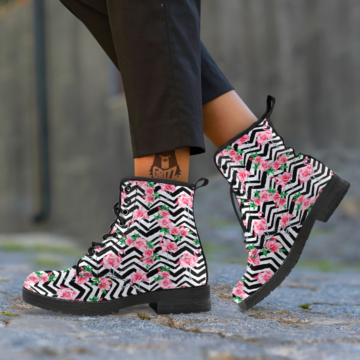 Rose Zigzag Pink Print Pattern Leather Boots-grizzshop