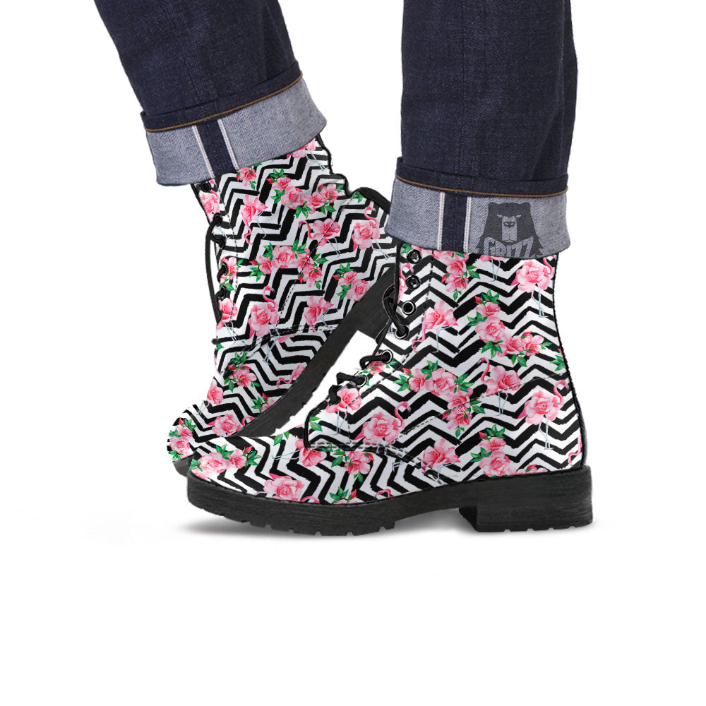 Rose Zigzag Pink Print Pattern Leather Boots-grizzshop