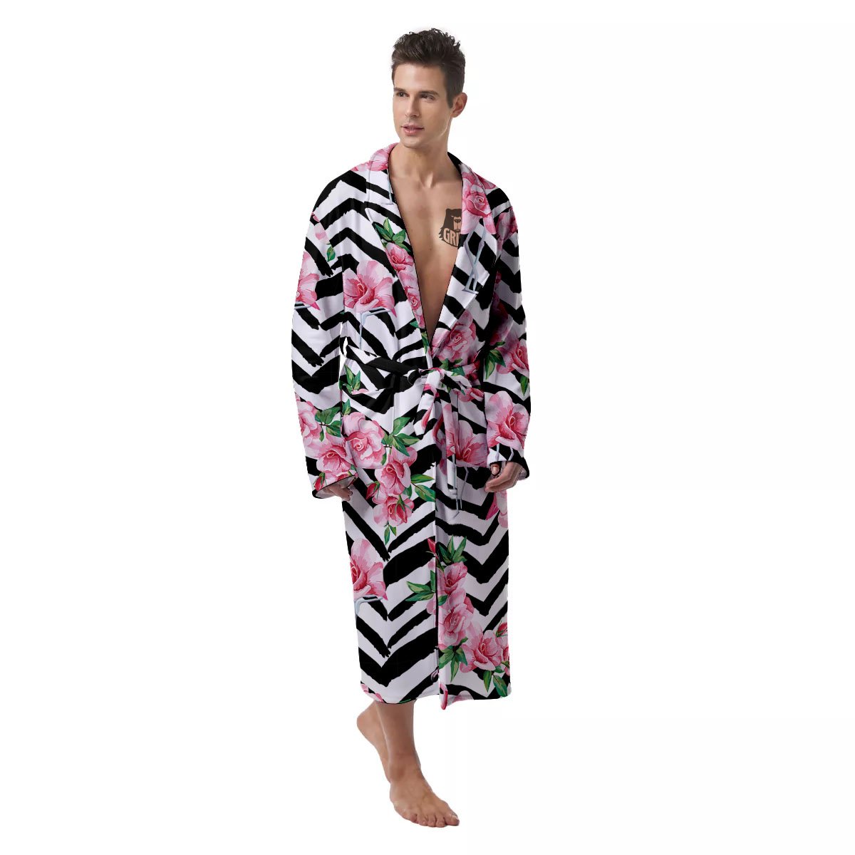Rose Zigzag Pink Print Pattern Men's Robe-grizzshop