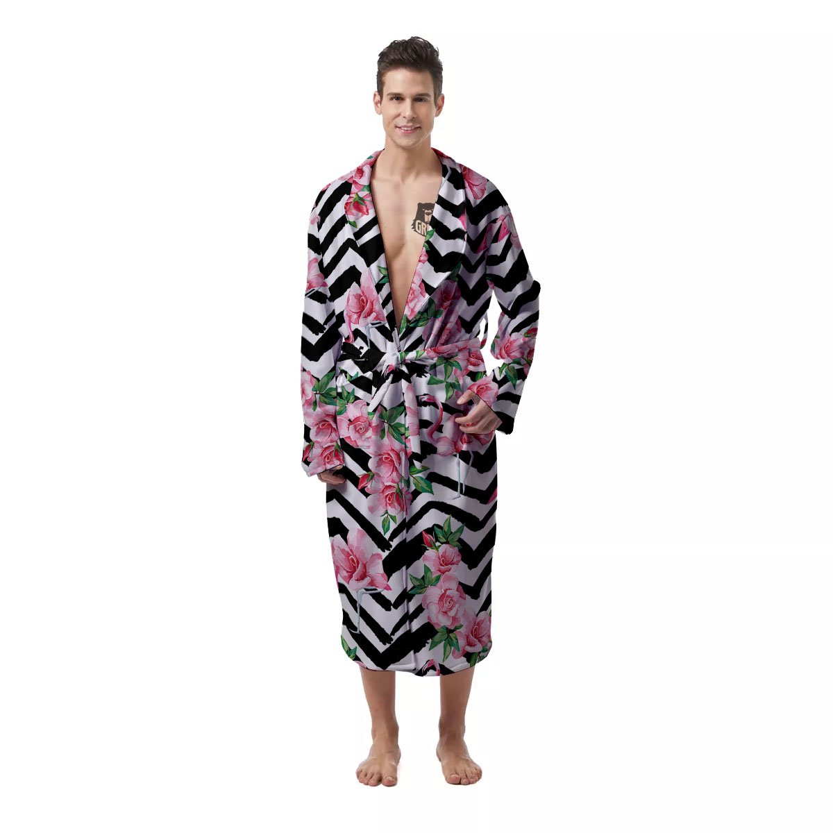 Rose Zigzag Pink Print Pattern Men's Robe-grizzshop