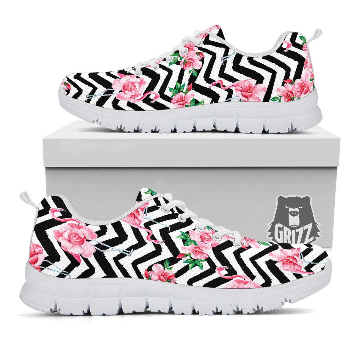 Rose Zigzag Pink Print Pattern White Sneaker-grizzshop
