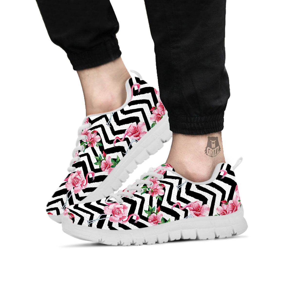 Rose Zigzag Pink Print Pattern White Sneaker-grizzshop