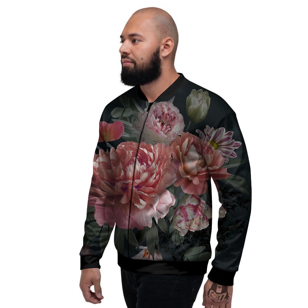 Rose And Peony Print Men's Bomber Jacket-grizzshop