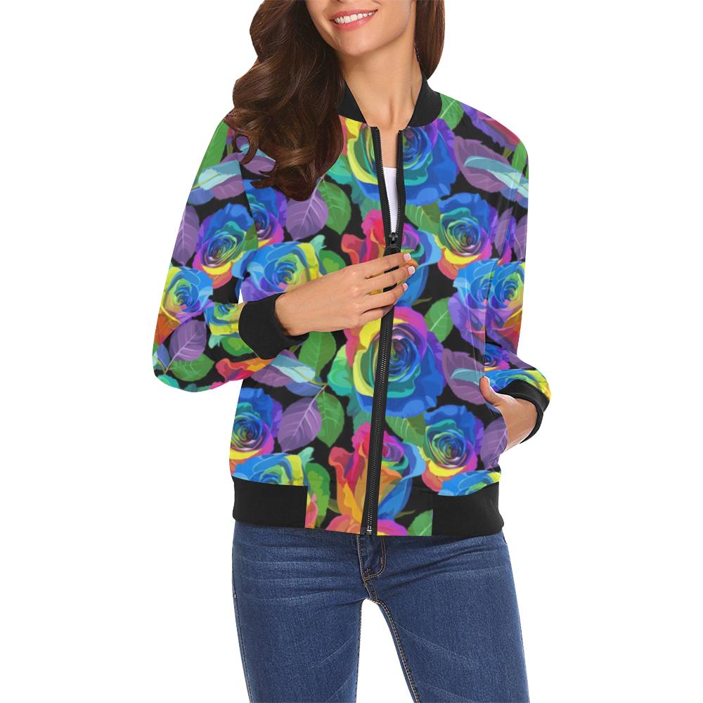Rose Colorful Rainbow Pattern Print Women Casual Bomber Jacket-grizzshop