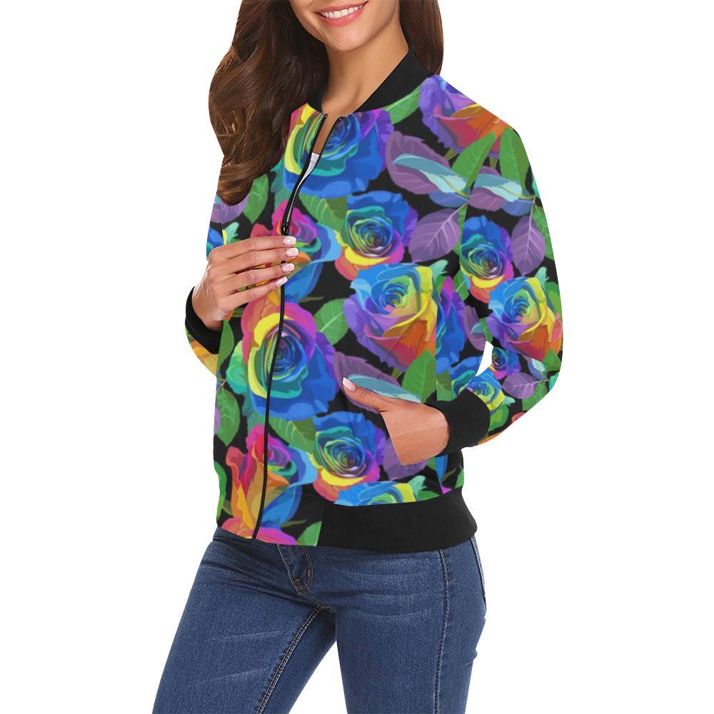 Rose Colorful Rainbow Pattern Print Women Casual Bomber Jacket-grizzshop