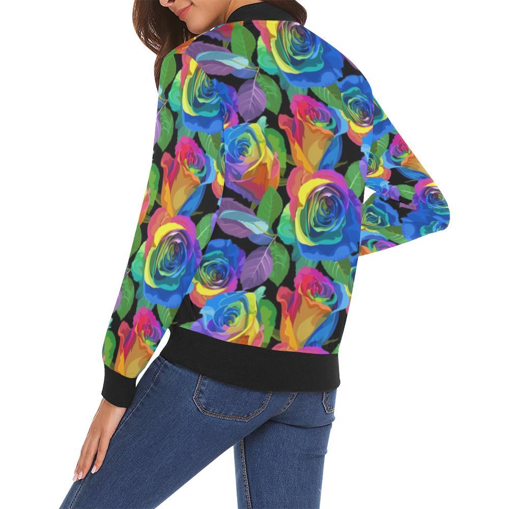Rose Colorful Rainbow Pattern Print Women Casual Bomber Jacket-grizzshop