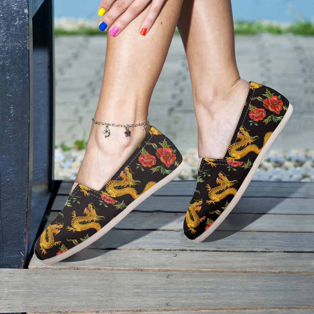 Rose Floral Golden Dragon Print Canvas Shoes-grizzshop
