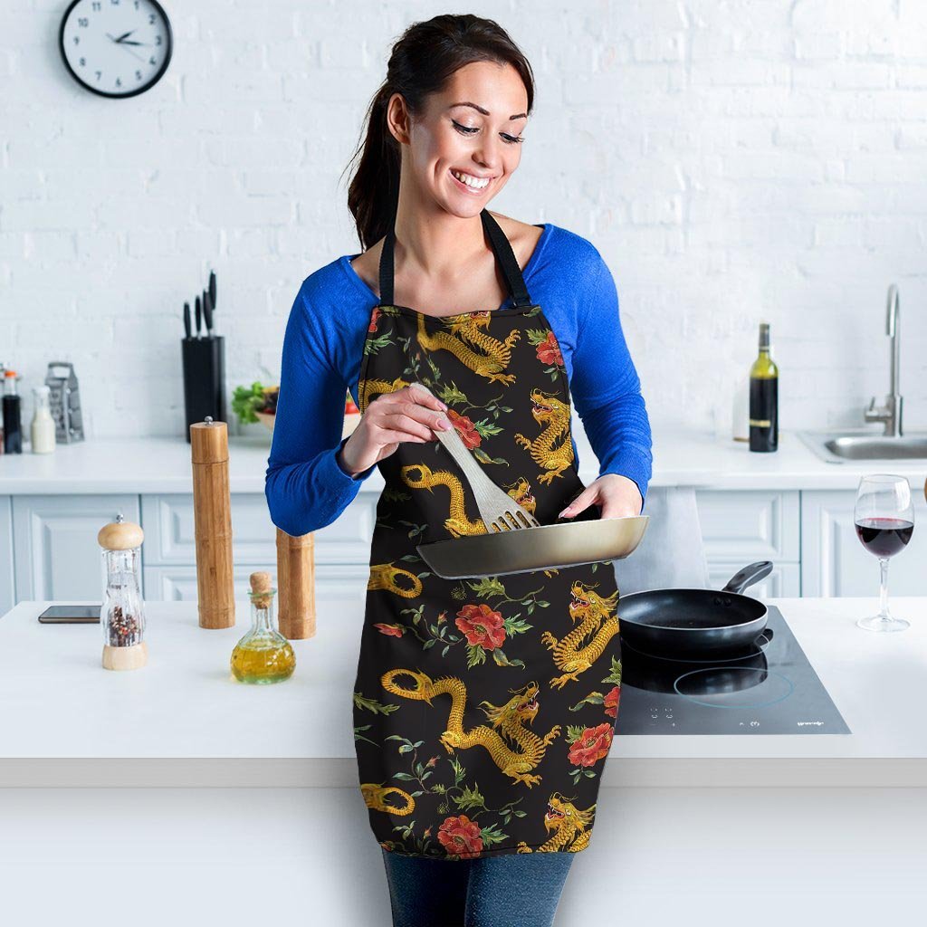 Rose Floral Golden Dragon Print Women's Apron-grizzshop